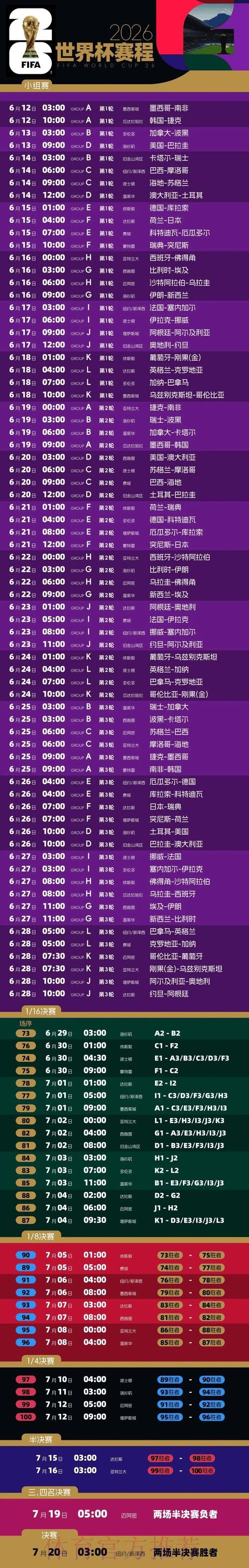 2026世界杯完整赛程完整版实时赛程直播平台